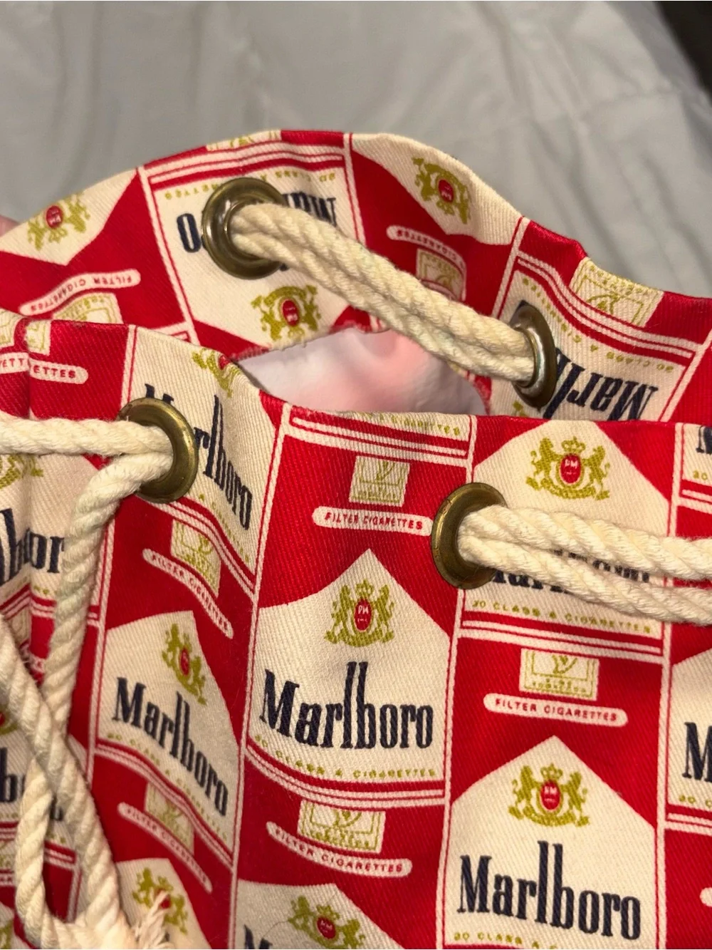 Marlboro Print Red and White Drawstring Bag Vintage Lined